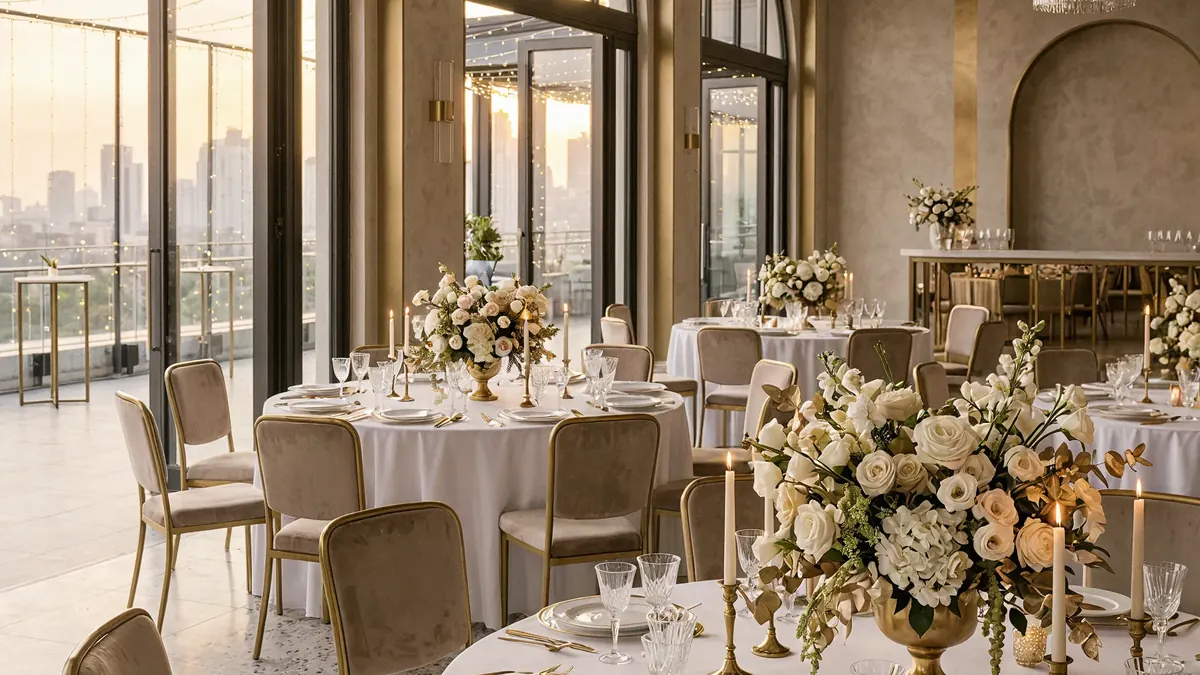 Reception room with city views, set with round tables and flowers, ready for a visit