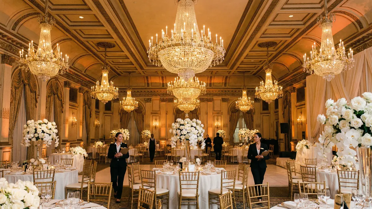 Chandelier-lit ballroom set with round tables and white floral centrepieces