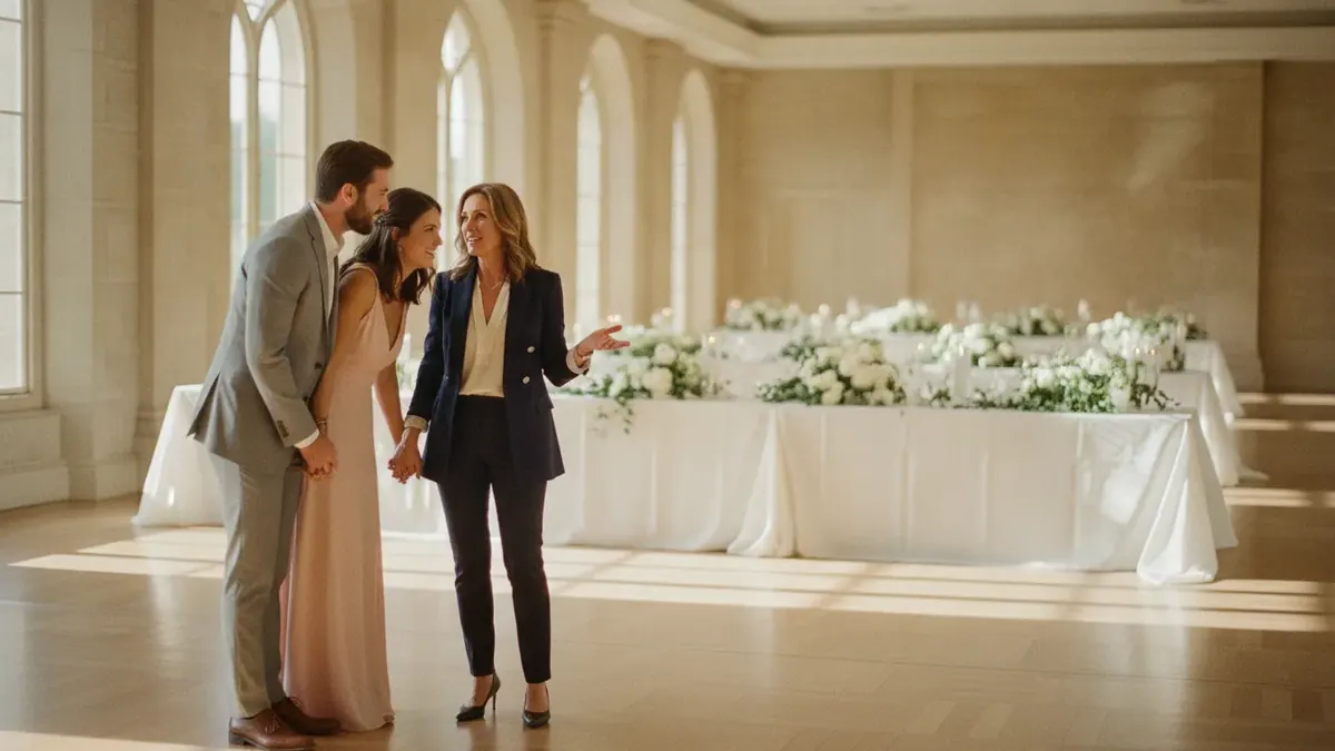 Venue coordinator showing a couple around an empty reception hall
