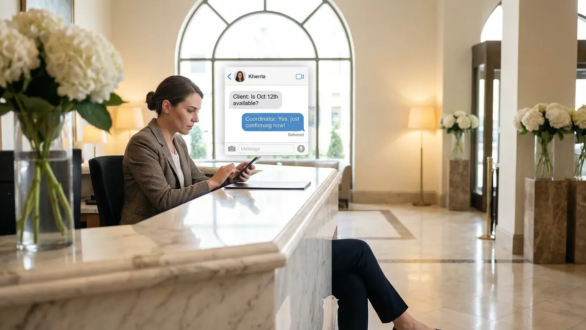 Venue manager at a front desk replying to an inquiry on her phone