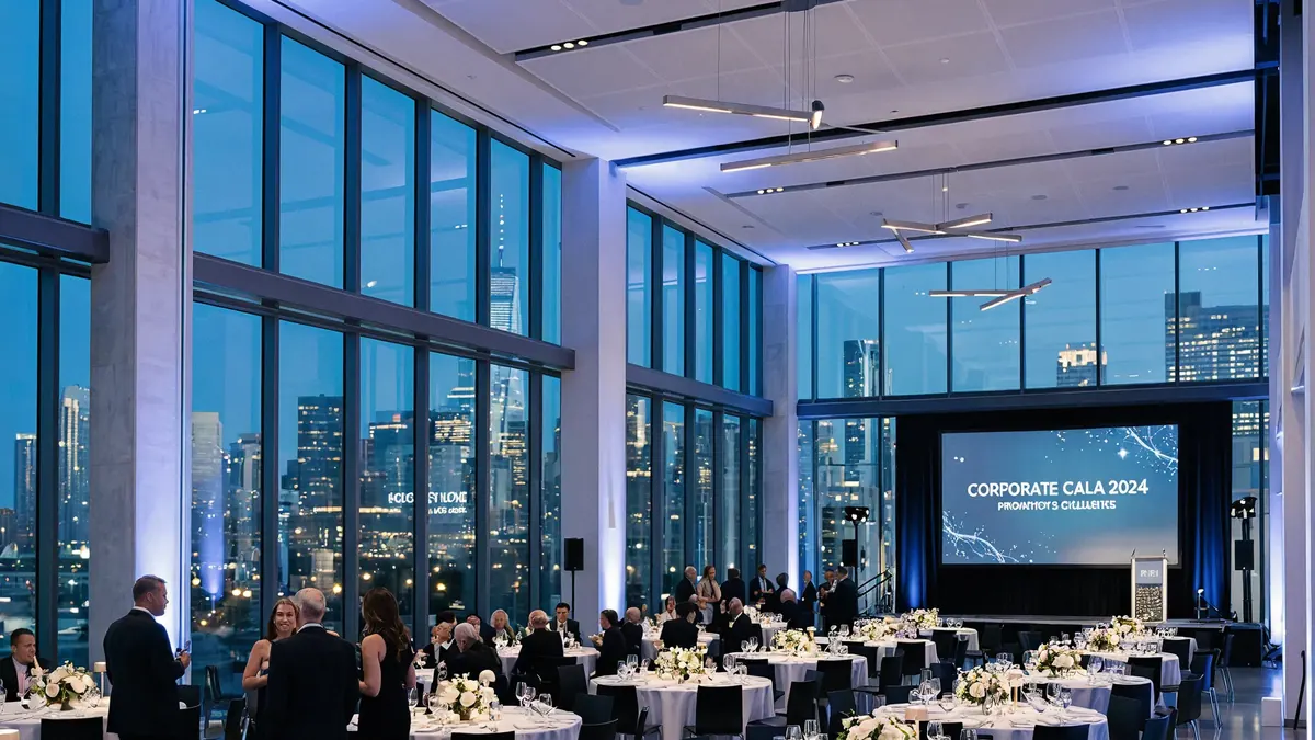 Event room with floor-to-ceiling windows, set with round tables in front of a presentation screen